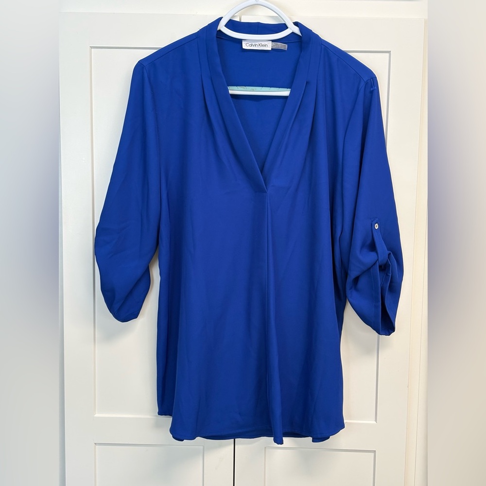 Calvin Klein blouse, cobalt blue, popover top,        V-neckline, 3/4 sleeves